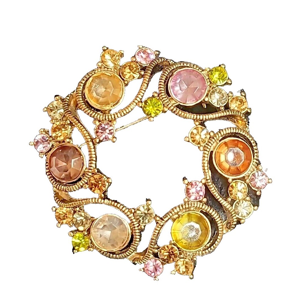 Monet Wreath Swirl Brooch Pin Gold-tone Rhinestones Vintage 1.75" - Picture 6 of 8